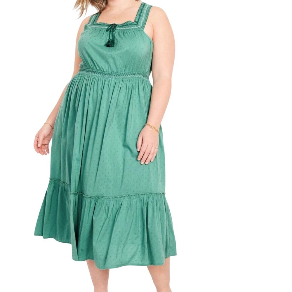 Old Navy Plus Tiered Embroidered Maxi Midi Swing Dress Green Sz 4X Pockets Boho